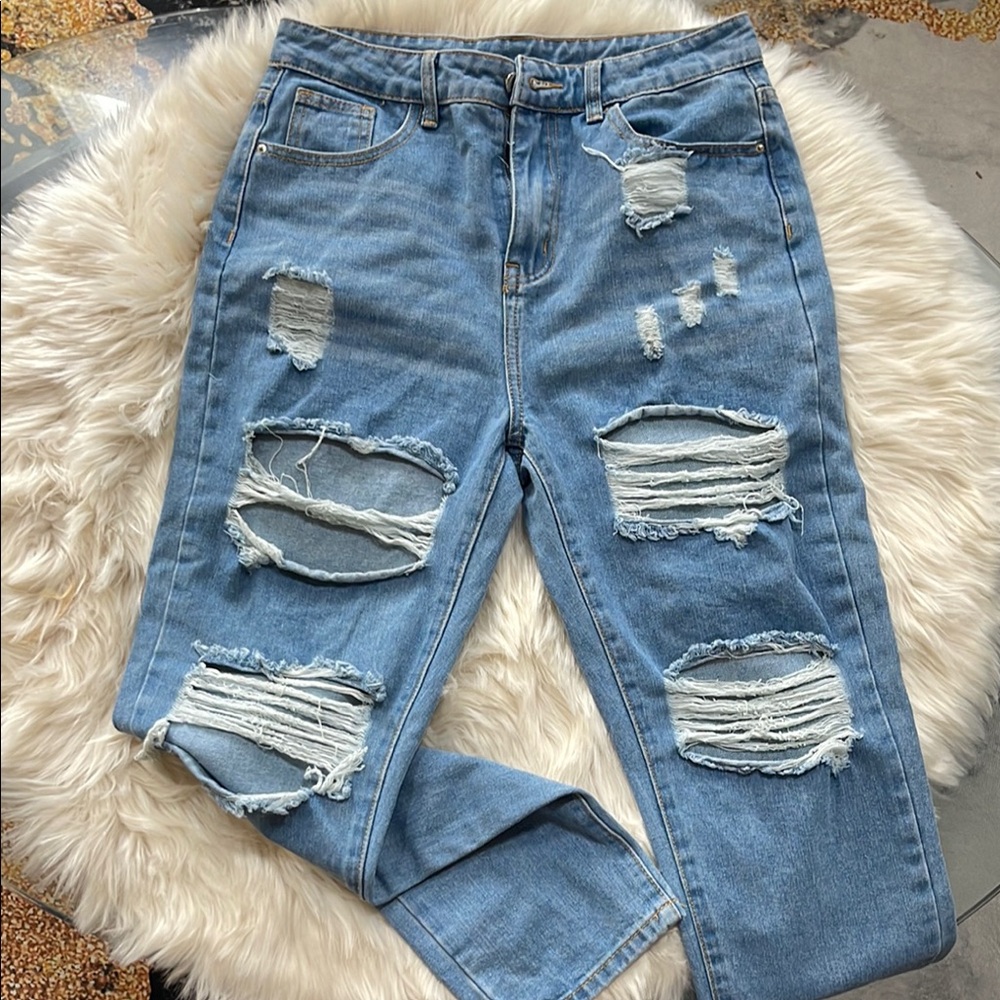 SHEIN Light Blue Distressed Boyfriend Jeans